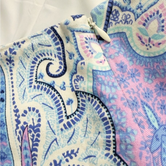 Talbots Petites 4P Paisley Print Pencil Skirt Blue Pink Lined Cotton Stretch - Picture 5 of 9